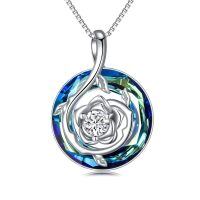 wholesale 925 Sterling Silver Blue Rose Pendant Necklace-Blue- Round Austrian Crystal