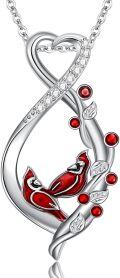 wholesale 925 Sterling Silver Red Cardinal Birds & Leaves Infinity Love Heart Pendant Necklace for Women Girls - 43cm Chain-0-0