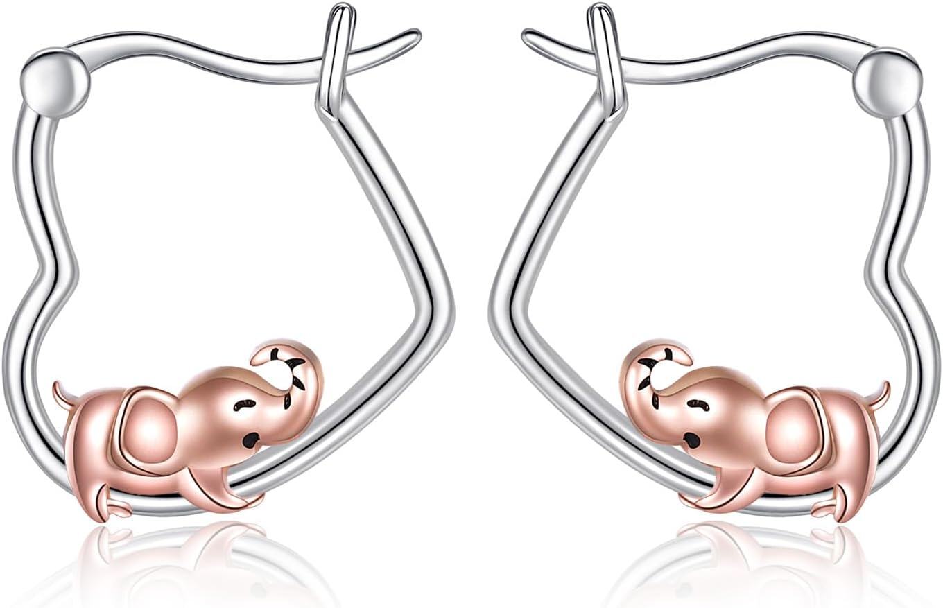 Sterling Silver Heart Hoop Animal Earrings Gifts for Women-Elephant