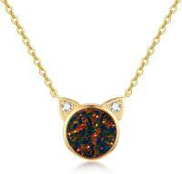 wholesale 14K Gold Opal Cat Face Pendant Necklace with Diamonds - Birthday Gifts for Her-black Gold
