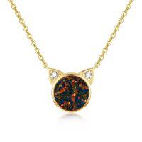 wholesale 14k Gold Cat Pendant Necklace Wholesale With Opal And Lab Diamond Ears-black Gold