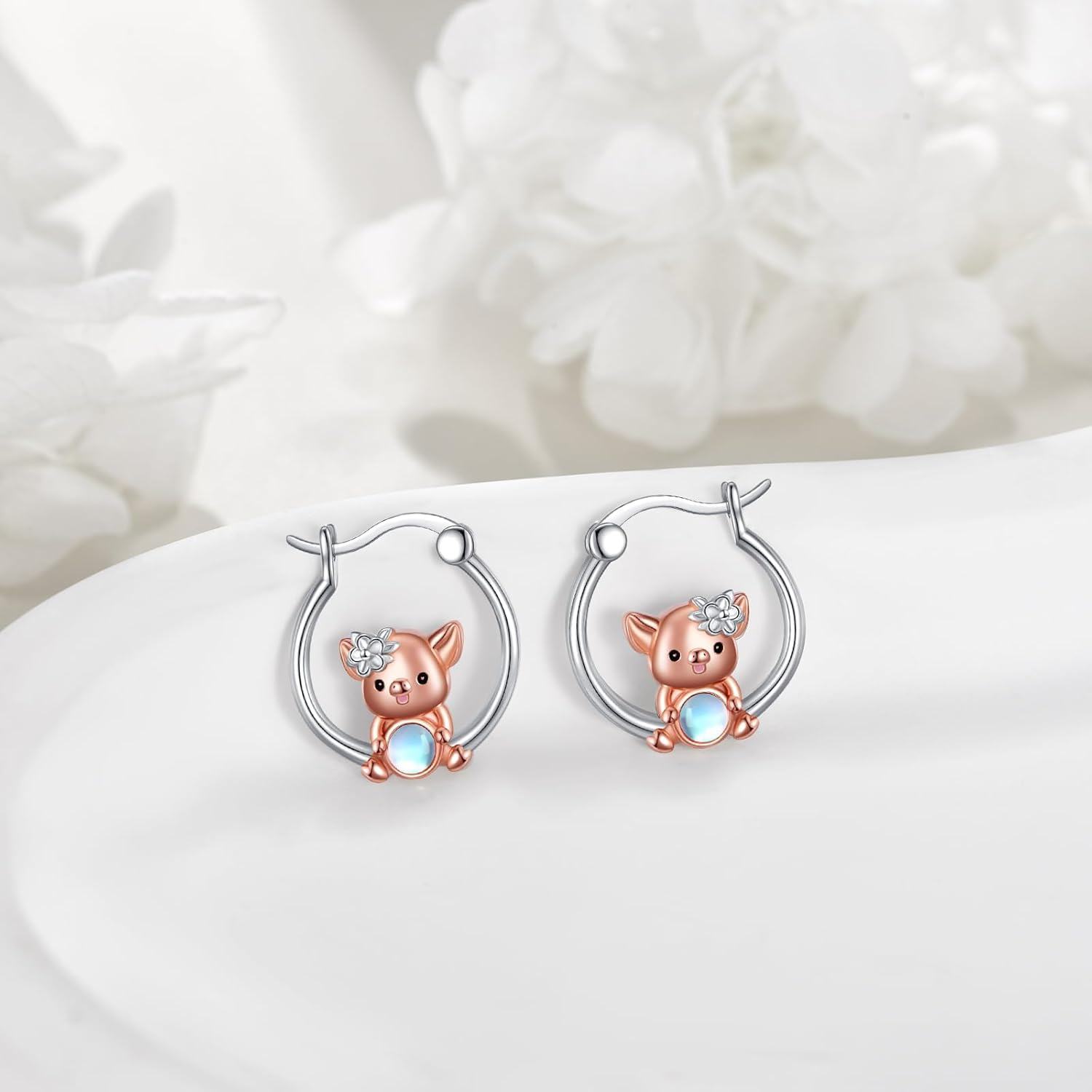925 Sterling Silver Piglet Moonstone Hoop Earrings for Women-0-1