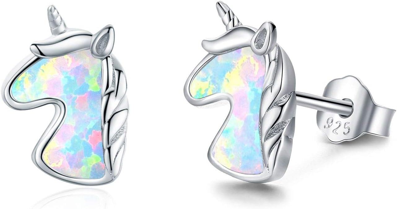 Sterling Silver Opal Unicorn Stud Earrings Hypoallergenic Gift-Silver-Opal