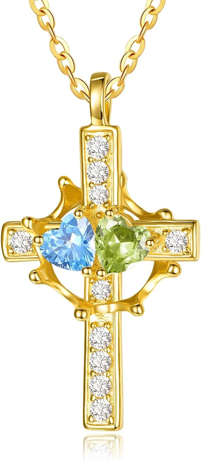 Sterling Silver Birthstones Gold Cross Necklace for Women -03-08-Mar-Aug-03-08-Mar-Aug