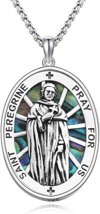 wholesale 925 Sterling Silver Oval St Peregrine Medal Prayer for Us Pendant Necklace-16a-St Peregrine-Abalone Shell-16a-St Peregrine-Abalone Shell
