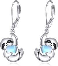 wholesale 925 Sterling Silver Heart-Shaped Sloth Drop Earrings Gift for Her-Sloth earrings moonstone