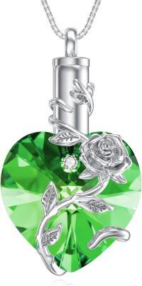 wholesale 925 Sterling Silver Birthstone Heart Rose Flower Urn Necklace for Ashes Memorial Jewelry-05-May-Emerald
