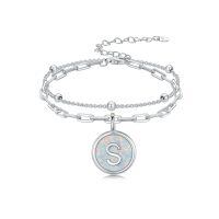 wholesale 925 Sterling Silver Opal Letter S Charm Chain Bracelet With Adjustable Extender-S