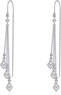 wholesale 925 Sterling Silver Geometric Cubic Zirconia Shape Threader Dangle Drop Earrings with Chain and CZ Stones for Women-Rhombus