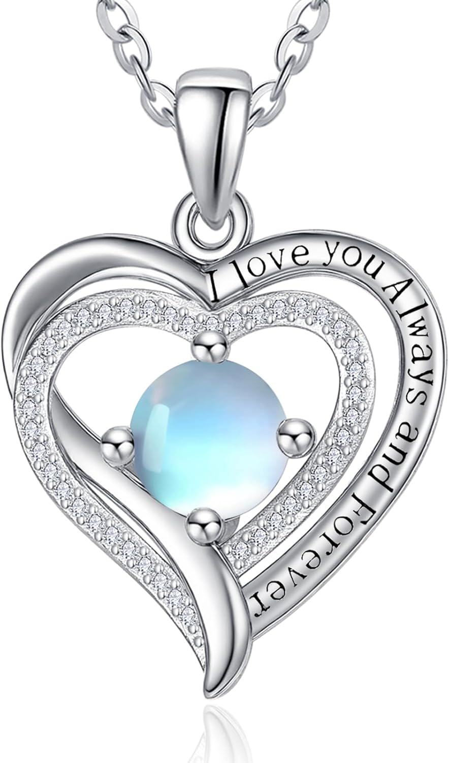 Sterling Silver White Gold Heart Pendant Necklace w Birthstone for Women-Moonstone-Vine-Moonstone