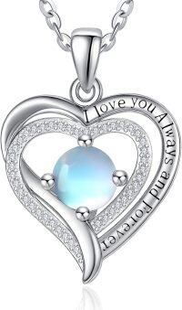 wholesale Sterling Silver White Gold Heart Pendant Necklace w Birthstone for Women-Moonstone-Vine-Moonstone
