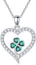 wholesale 925 Sterling Silver Emerald CZ Heart Shamrock Love Knot Pendant Necklace-0-0
