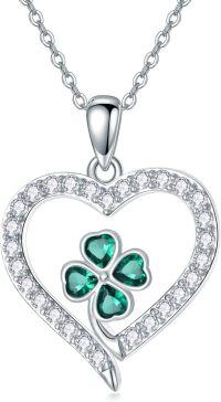 wholesale 925 Sterling Silver Emerald CZ Heart Shamrock Love Knot Pendant Necklace-4 Leaf Clover Heart