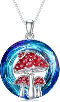wholesale 925 Sterling Silver Mushroom Pendant Necklace with Blue Crystal Stone and Red Enamel Accents-0-0