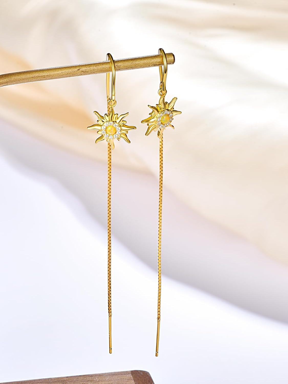925 Sterling Silver Yellow Gold Plated Sun & Moon Threader Earrings with Simulated Opals and Cubic Zirconia Stones-0-2