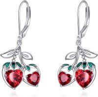 wholesale 925 Sterling Silver Heart-Shaped Red Crystal Cherry Dangle Earrings-Strawberry Earrings