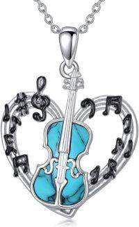 wholesale 925 Sterling Silver Turquoise Heart Violin Musical Notes Pendant Necklace-A-Violin Turquoise Necklace