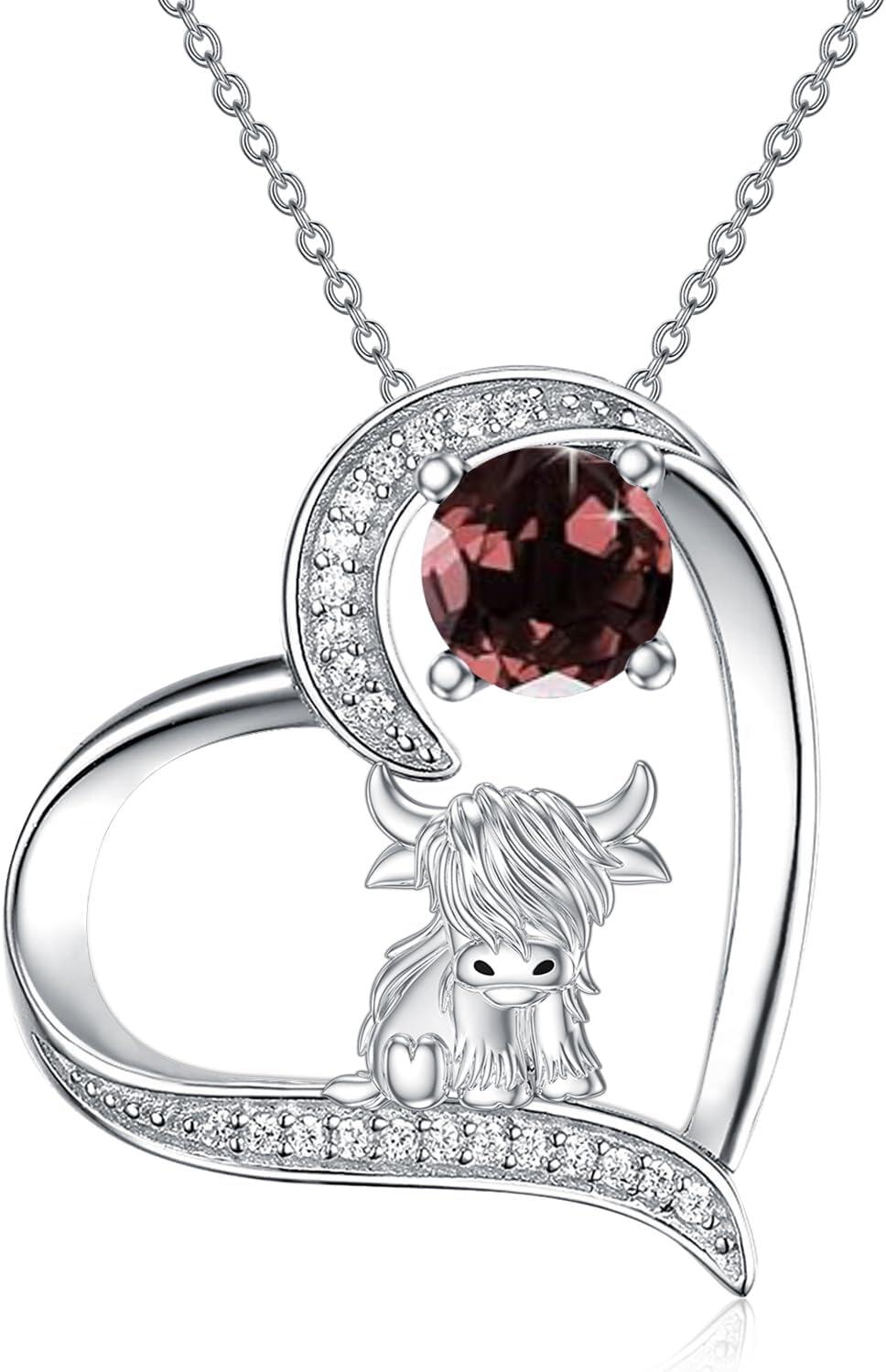 Sterling Silver Highland Cow Birthstone Necklace Jewelry Gifts for Women Girls-3-2-Coffee CZ-3-2-Coffee CZ
