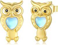 wholesale 925 Sterling Silver Heart-Shaped Owl Stud Earrings - Adorable Animal Jewelry for Women-Gold-Moonstone