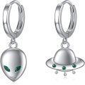 wholesale 925 Sterling Silver UFO & Alien Head Dangle Hoop Earrings - Space Themed Jewellery Gift for Her Him-0-0