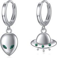 wholesale 925 Sterling Silver UFO & Alien Head Dangle Hoop Earrings - Space Themed Jewellery Gift for Her Him-alien earrings 1