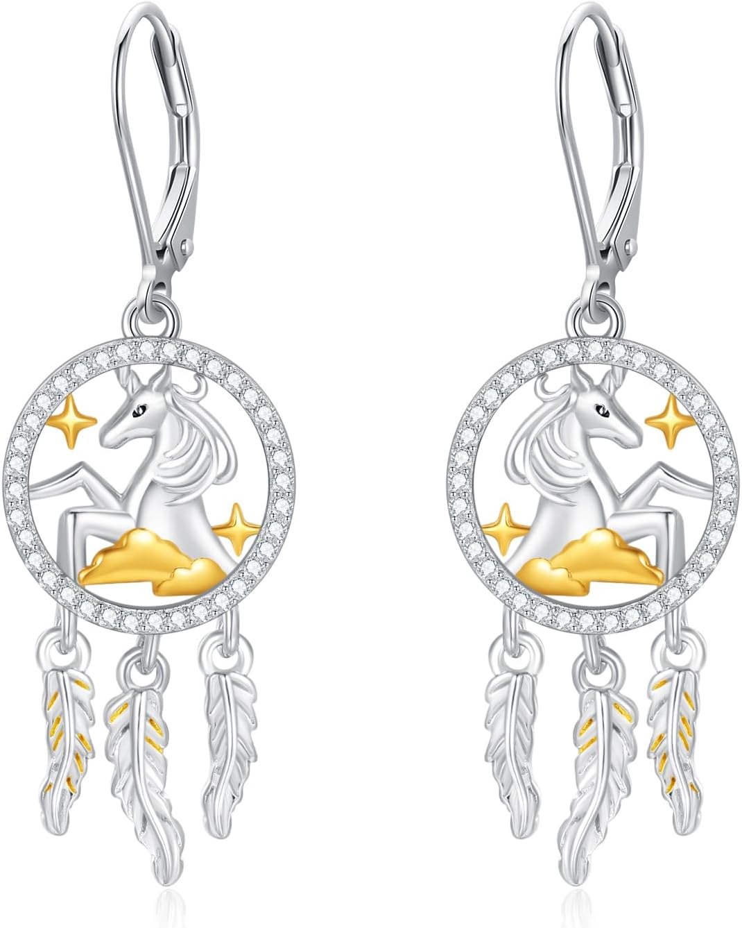 wholesale 925 Sterling Silver Unicorn Dreamcatcher Drop Earrings with Feather Charm and Star Accents for Women-0-0