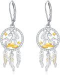 wholesale 925 Sterling Silver Unicorn Dreamcatcher Drop Earrings with Feather Charm and Star Accents for Women-0-0