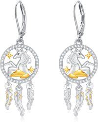 wholesale 925 Sterling Silver Unicorn Dreamcatcher Drop Earrings with Feather Charm and Star Accents for Women-Dreamcatcher