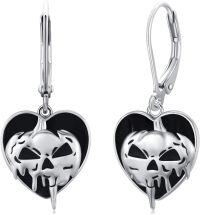 wholesale 925 Sterling Silver Heart-Shaped Black Enamel Skull Drop Earrings for Women - Gothic  Idea-Pumpkin Earrings