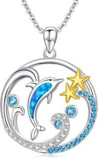 wholesale Dolphin Necklace Valentines Day Gifts For Her S925 Sterling Silver Jewelry Opal Dolphin Pendant Ocean Wave Necklace Jewelry Gifts For Women Her Mom Girlfriend, 18+2 Inch -undefined