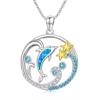 TOUPOP Sterling Silver Opal Dolphin Ocean Wave Pendant Necklace-undefined