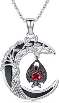 wholesale 925 Sterling Silver Red Crystal Moon Tree Pendant Necklace-Bat