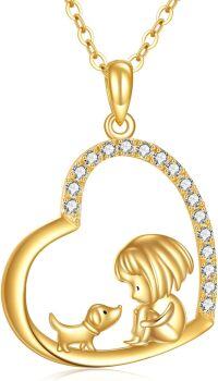 wholesale 14K Gold Heart-Shaped Dog and Girl Charm Pendant Necklace for Women's Gifts-Dog