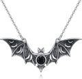 wholesale 925 Sterling Silver Gothic Bat Pendant Necklace with Black Stone - Halloween Costume Accessory for Women-0-0