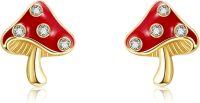 wholesale 14K Gold Red Enamel Crystal Mushroom Stud Earrings for Women Girls-Mushroom