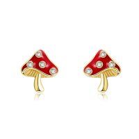 wholesale 14k Gold Mushroom Red Enamel Cubic Zirconia Stud Earrings-Mushroom