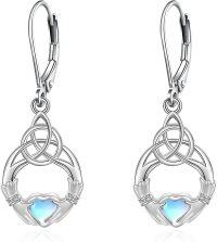 wholesale 925 Sterling Silver Opal Celtic Knot Heart Leverback Dangle Drop Filigree Earrings for Women-Moonstone Claddagh