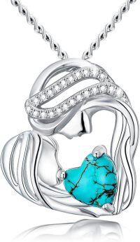 wholesale 925 Sterling Silver Mother Holding Baby Turquoise Stone Heart Pendant Necklace Gift for Mom-Style B