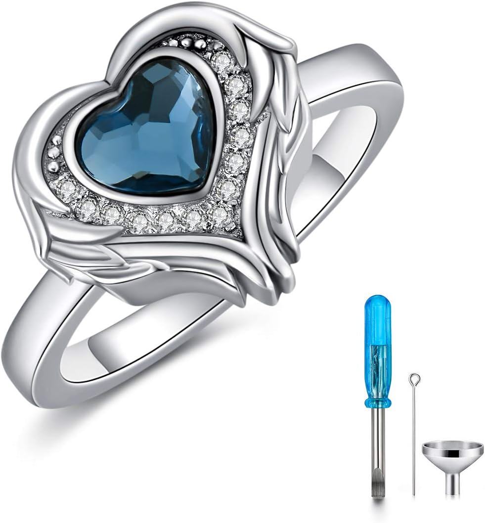 Sterling Silver Austrian Crystal Angel Wings Heart Cremation Ring for Ashes-Blue # 3