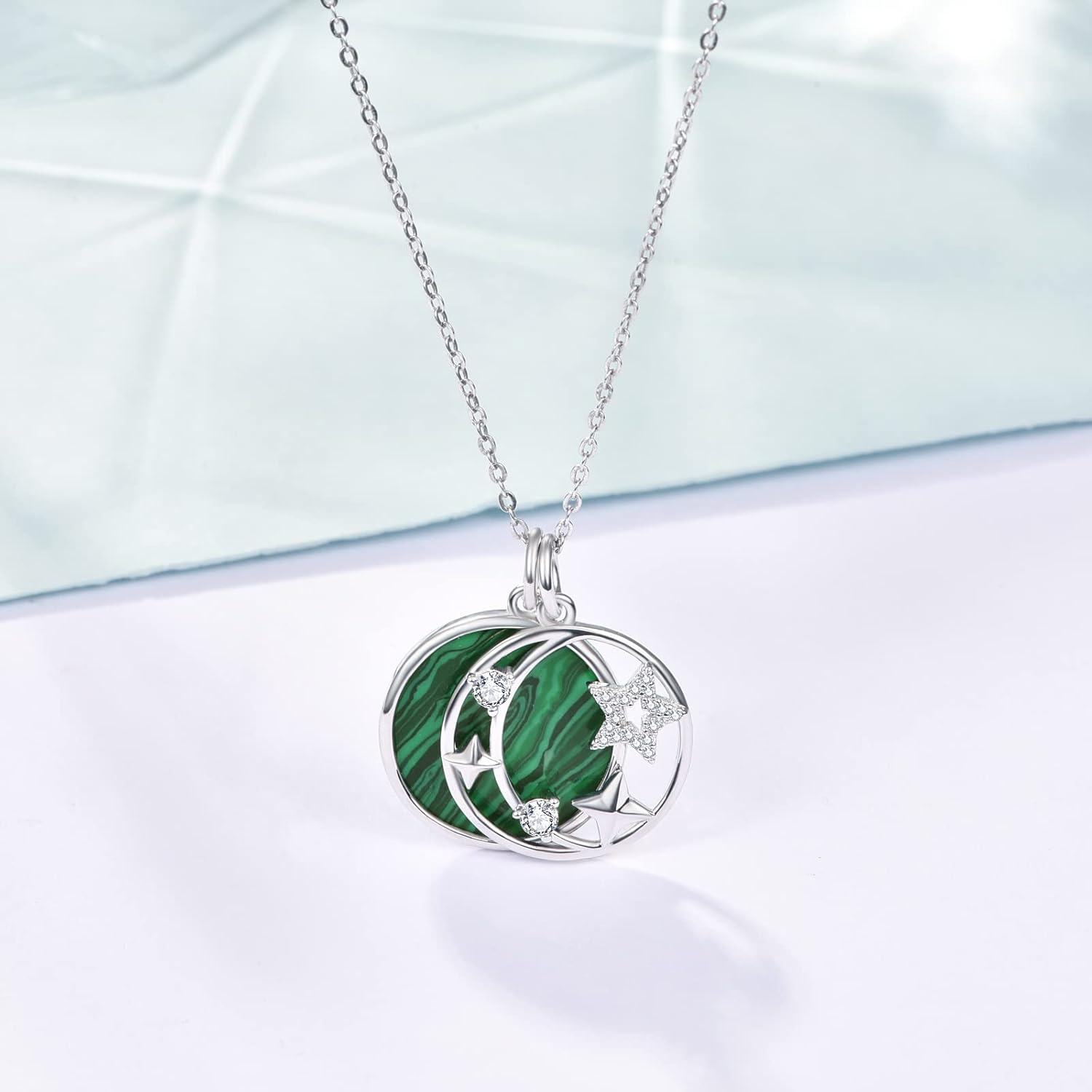  Sterling Silver Silver Abalone Pink Fritillary Malachite Moon Star Pendant Necklace -0-4
