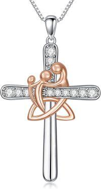 wholesale 925 Sterling Silver Celtic Knot Mom Necklace with Cross Pendant, 1.38x0.98in, 18+2in Adjustable Chain, 5.3g, Gift for Women-Mom with 2CHD