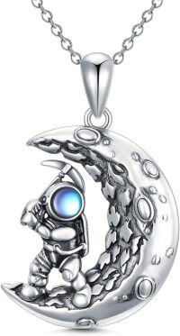 wholesale 925 Sterling Silver Crescent Moon Astronaut Pendant Necklace s for Women Girls-2 Astronaut