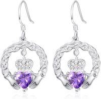 wholesale 925 Sterling Silver with Birthstone Claddagh Earrings for Women Irish Celtic Jewelry Gifts-02-February-Lab Created Amethyst