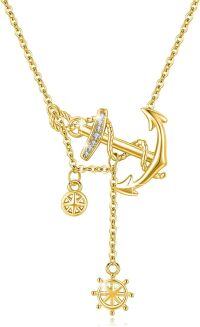 wholesale 925 Sterling Silver & Cubic Zirconia Anchor Necklace for Women - Nautical Jewelry Gift with Adjustable Chain, Hypoallergenic, 24mm Pendant-Yellow Gold Plated