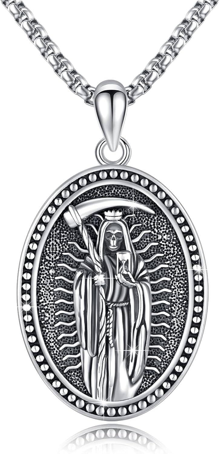 wholesale 925 Sterling Silver Santa Muerte Grim Reaper Pendant Necklace with Stainless Steel Chain Gothic Jewelry for Men-0-0