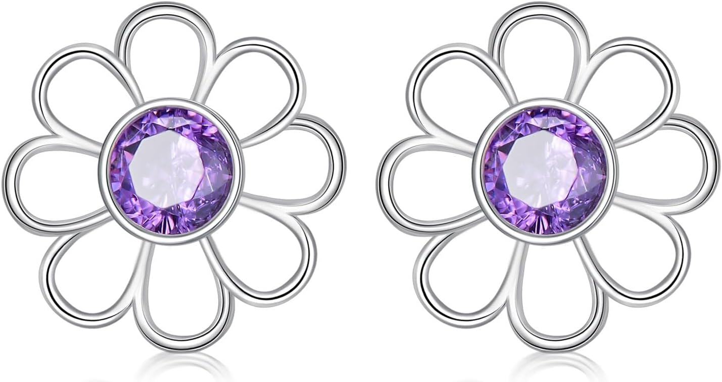 Sterling Silver Amethyst Flower Stud Earrings for Women Girls Mum Gifts-daisy-2