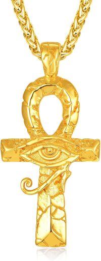 wholesale Gold 925 Sterling Silver Ankh Eye of Horus Pendant Necklace with 24k Gold Plated Wheat Chain-Gold