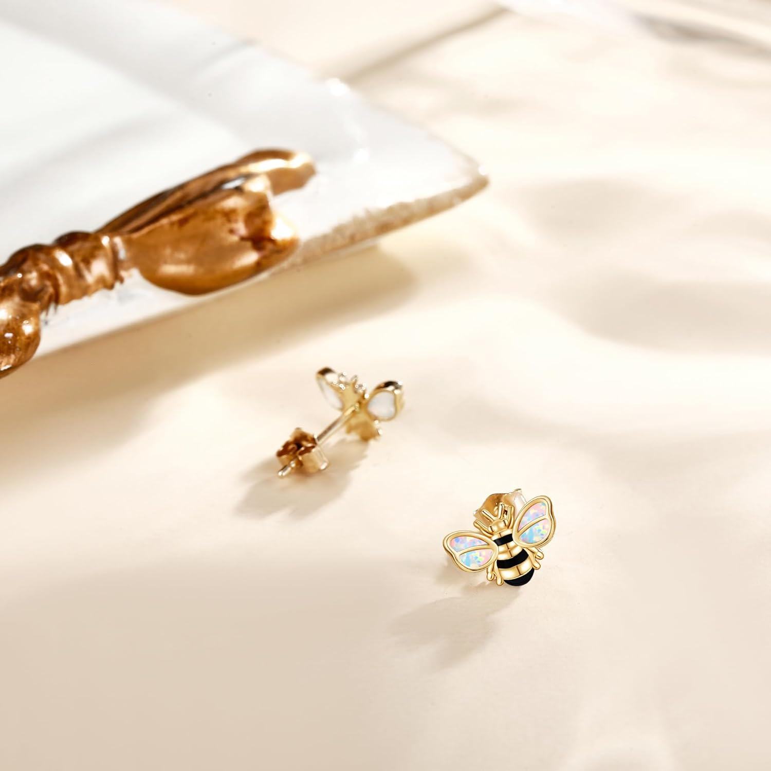 wholesale 18K Gold Opal Butterfly Black and White Striped Honeybee Stud Earrings-0-3