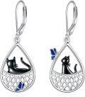 wholesale 925 Sterling Silver Black Cat Butterfly Teardrop Dangle Earrings - Mothers Day Gift for Her-0-0