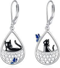 wholesale 925 Sterling Silver Black Cat Butterfly Teardrop Dangle Earrings - Mothers Day Gift for Her-Cat Earrings